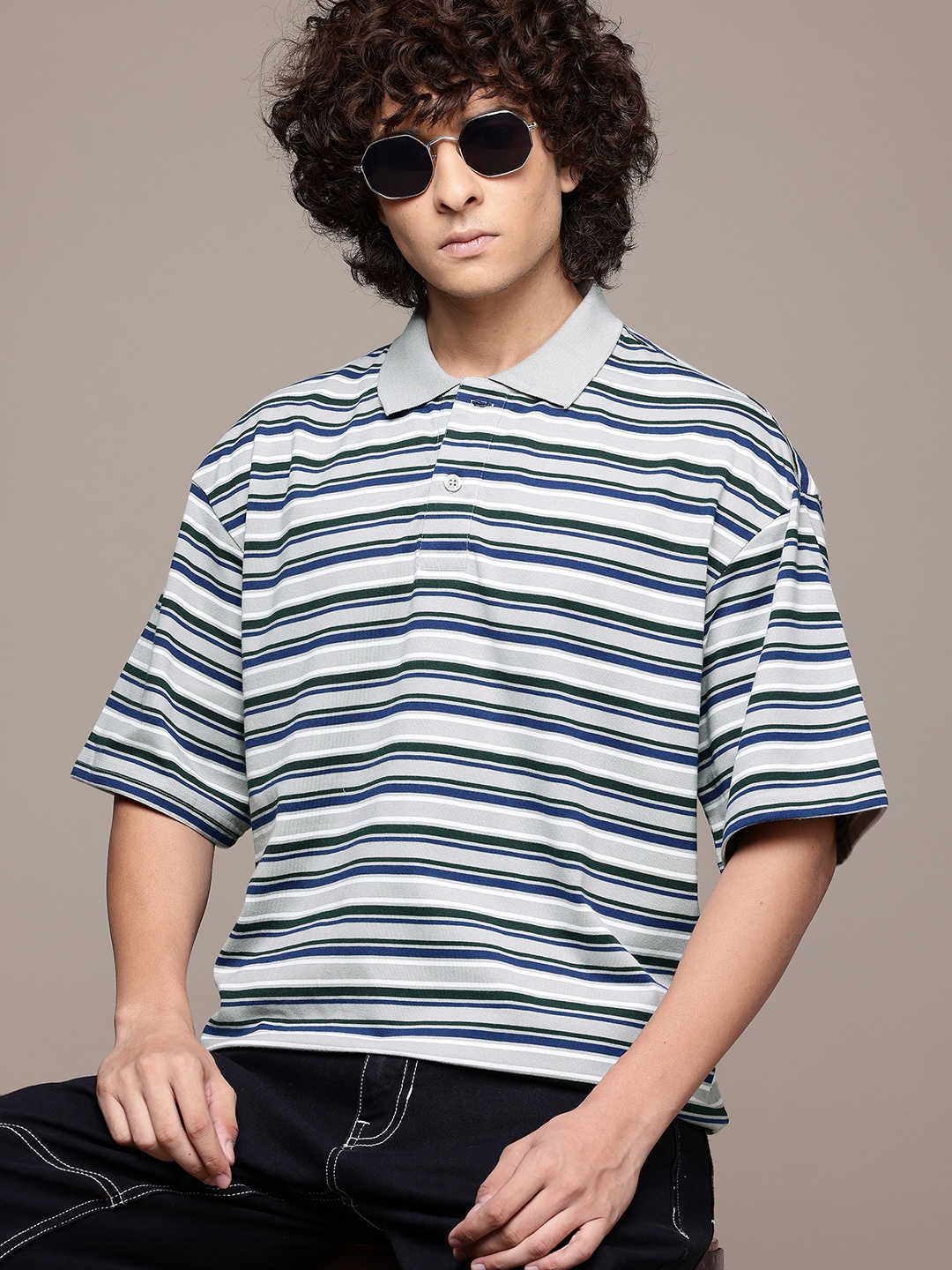 

The Roadster Lifestyle Co. Men Striped Polo Collar T-shirt, Grey