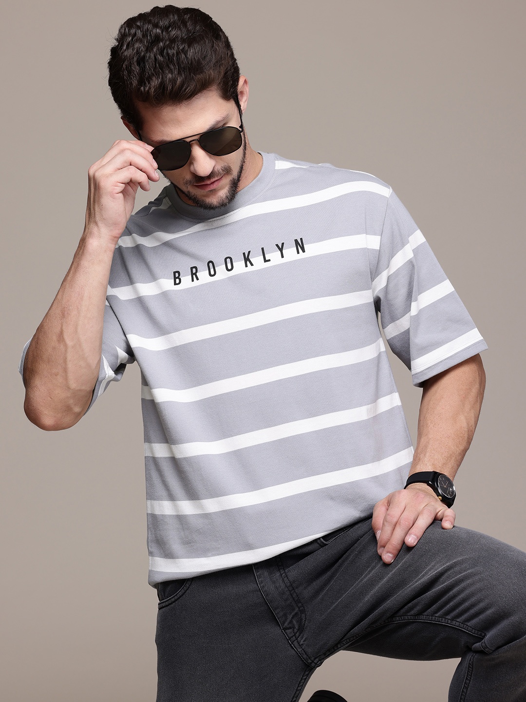 

The Roadster Lifestyle Co. Striped Drop-Shoulder Relaxed Fit T-shirt, Grey