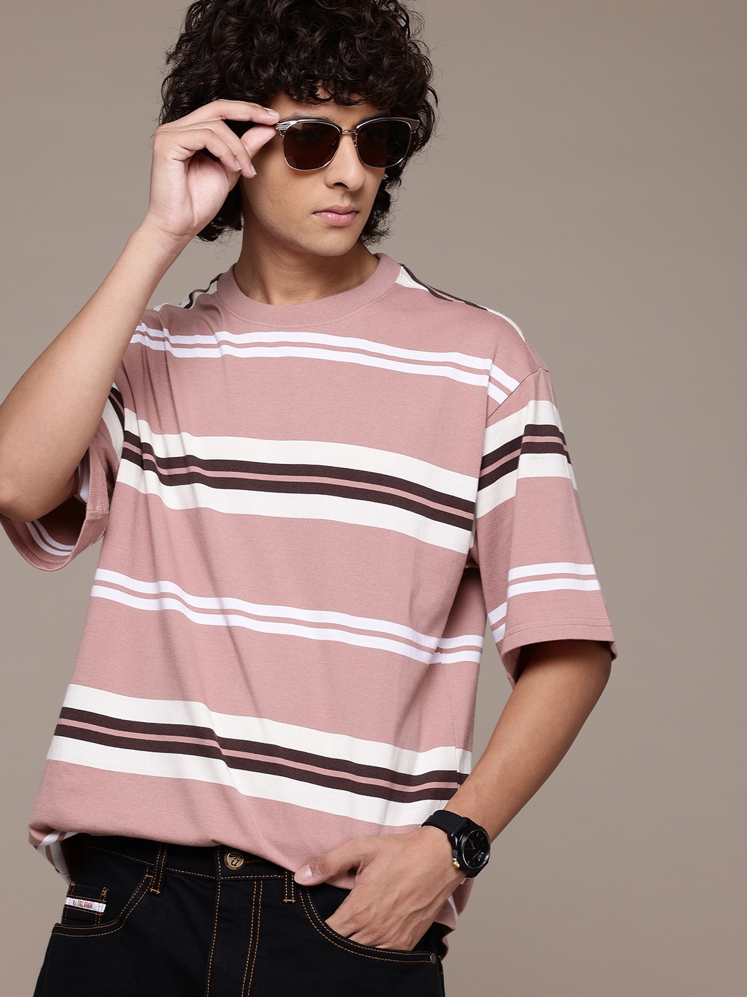 

The Roadster Lifestyle Co. Striped Drop-Shoulder Sleeves Relaxed T-shirt, Rose