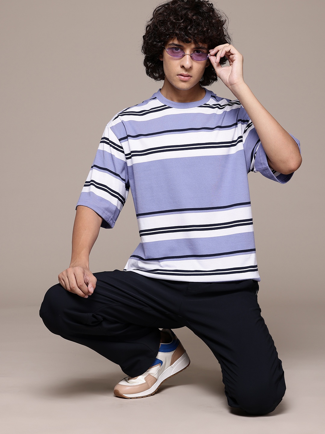 

The Roadster Lifestyle Co. Striped Drop-Shoulder Sleeves Relaxed Fit T-shirt, Purple