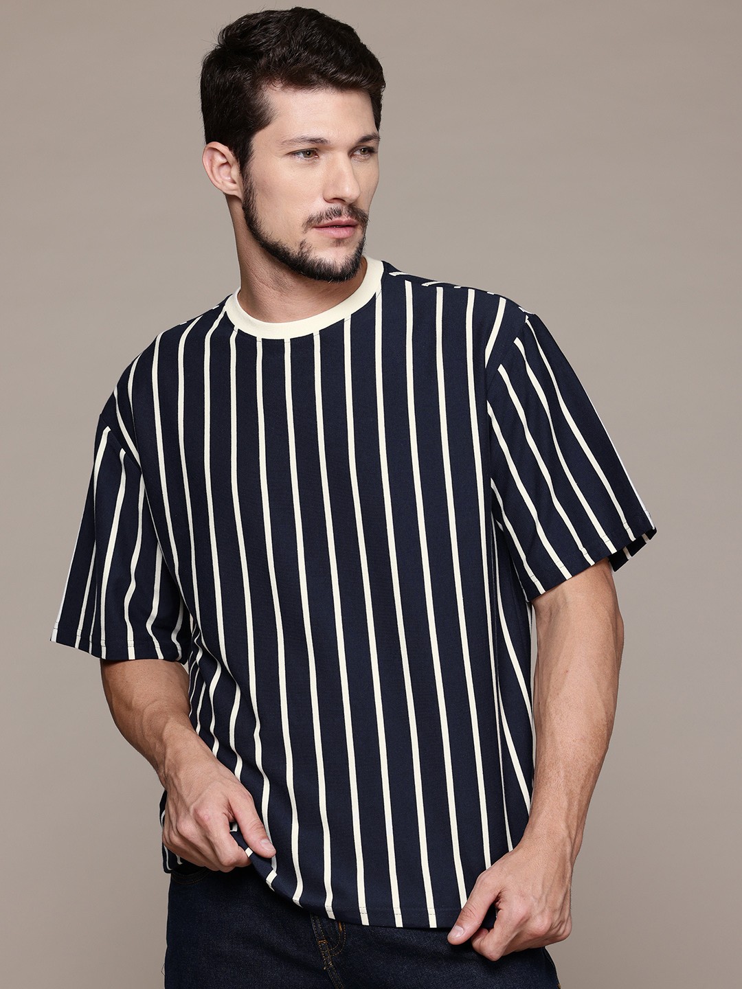 

The Roadster Lifestyle Co. Striped Drop-Shoulder Relaxed Fit T-shirt, Navy blue