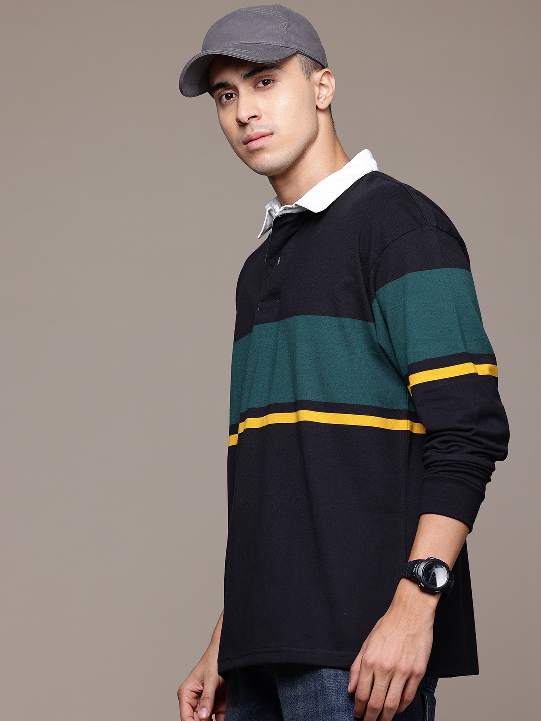 

The Roadster Lifestyle Co. Striped Polo Collar Oversize T-shirt, Black