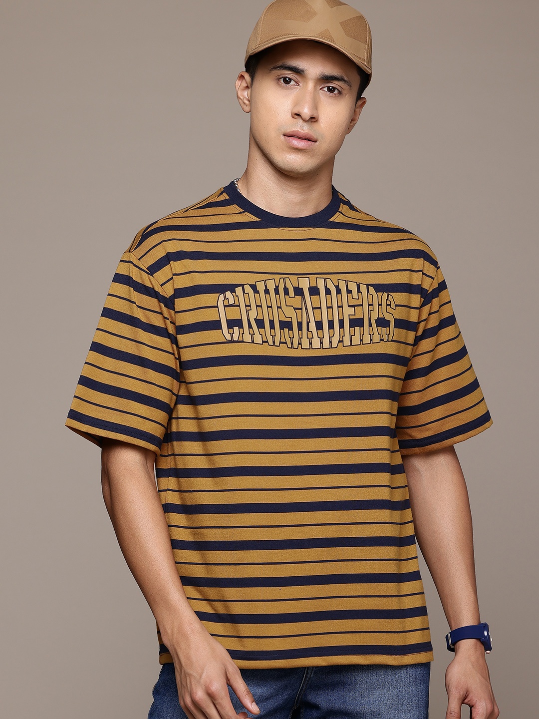 

The Roadster Lifestyle Co. Men Striped Oversized T-shirt, Mustard