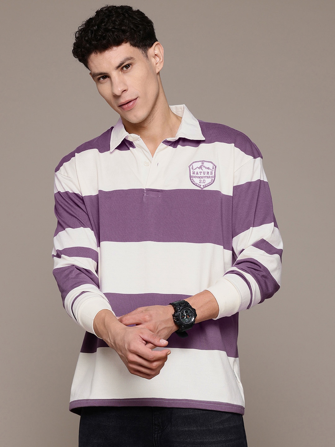 

The Roadster Lifestyle Co. Striped Polo Collar T-shirt, Off white