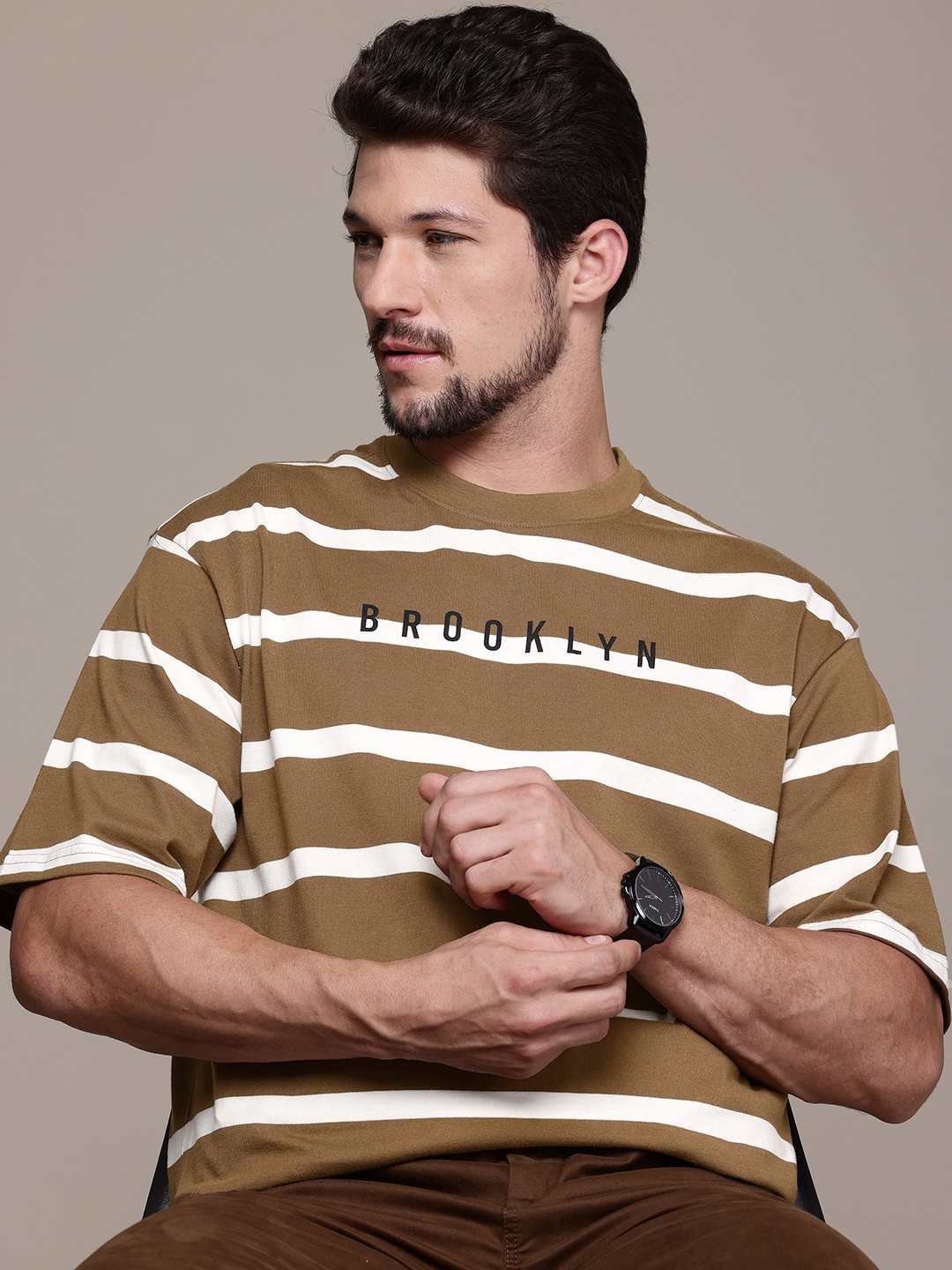 

The Roadster Lifestyle Co. Striped Drop-Shoulder Relaxed Fit T-shirt, Brown
