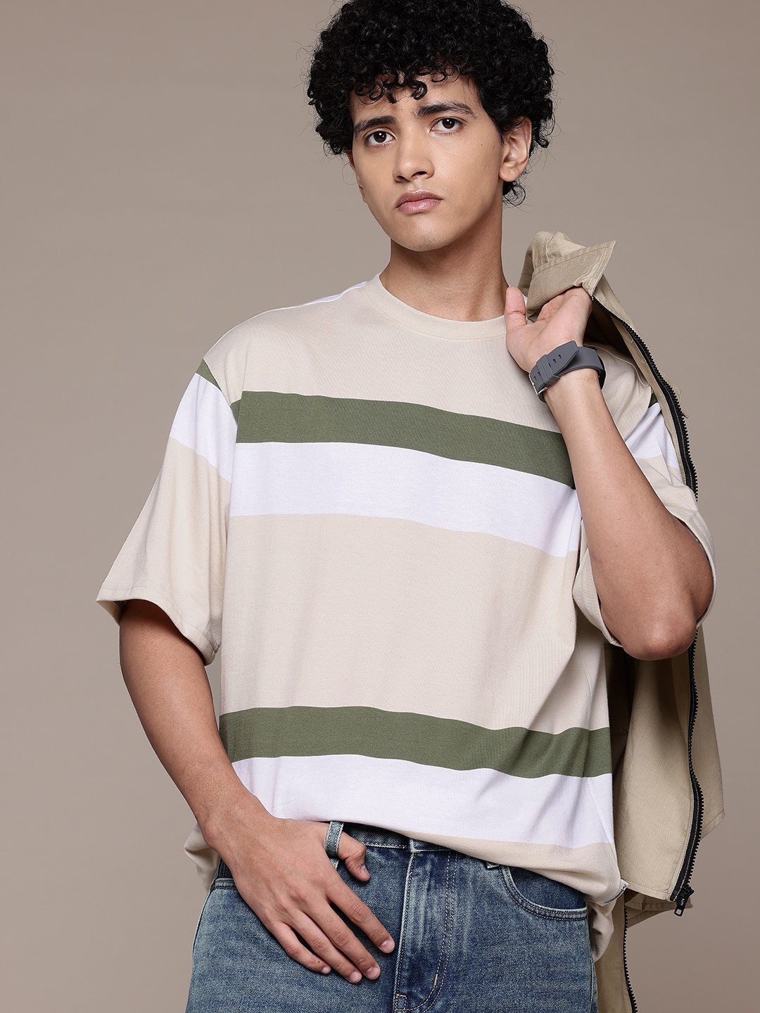 

The Roadster Lifestyle Co. Striped Drop-Shoulder Sleeves Relaxed T-shirt, Beige
