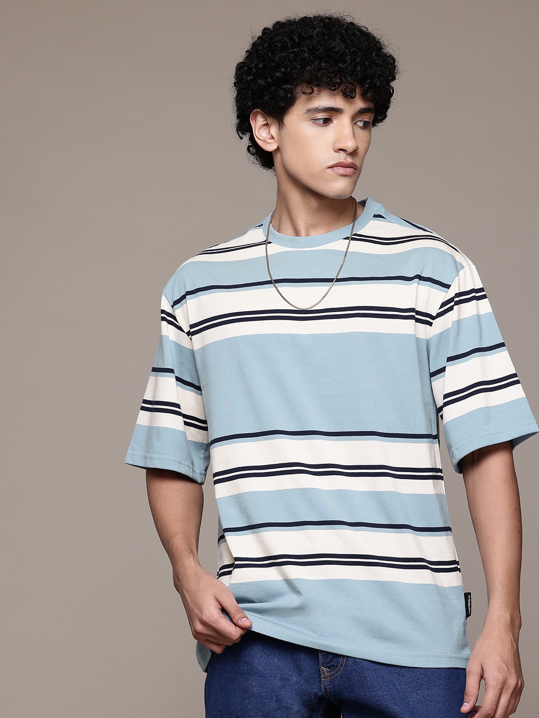 

The Roadster Lifestyle Co. Striped Drop-Shoulder Sleeves T-shirt, Blue
