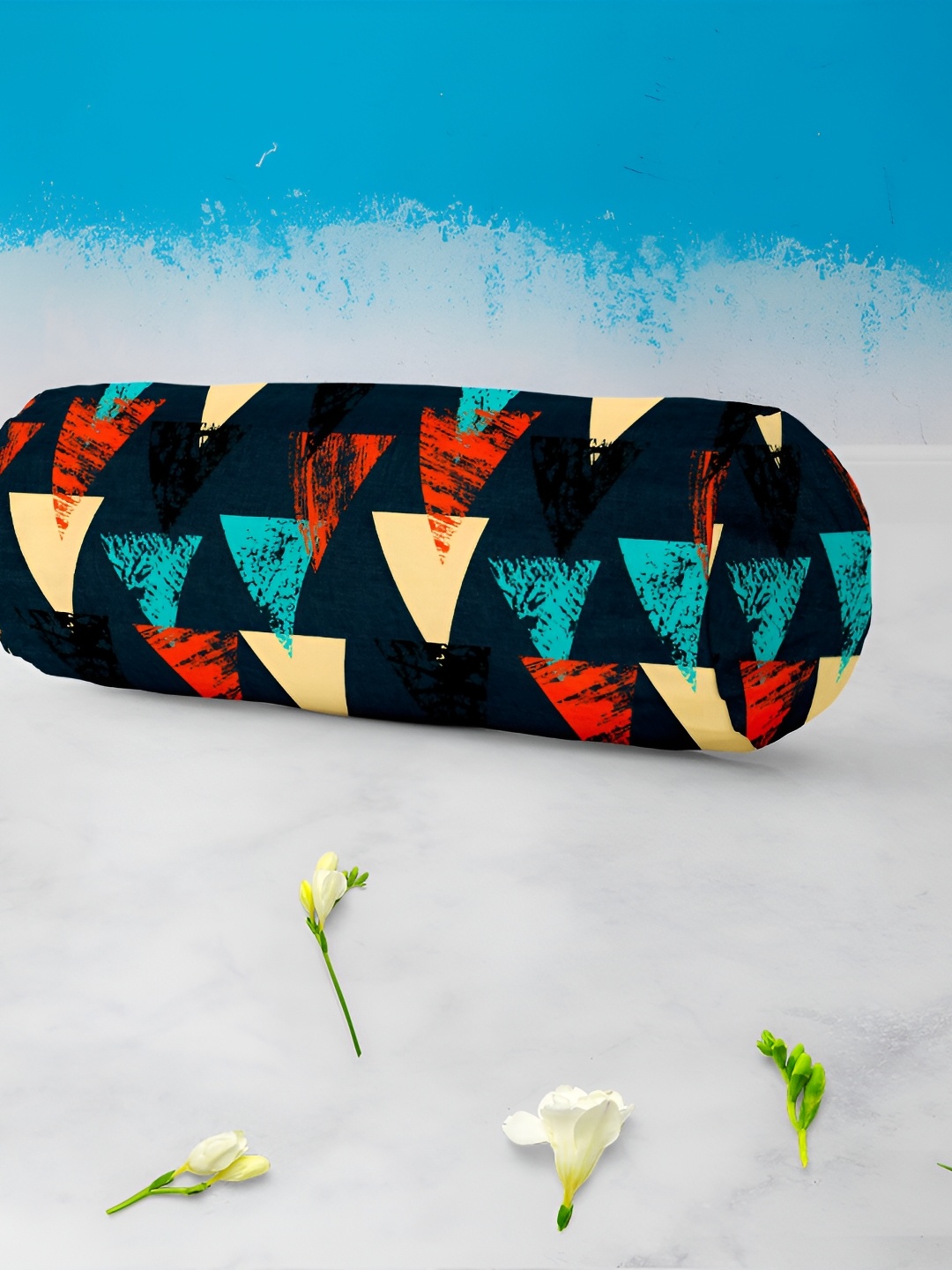 

ArtzFolio 2 Pcs Navy Blue & Beige Printed Cotton Canvas Bolster Covers