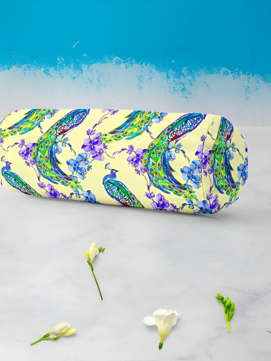 

ArtzFolio 2 Pcs Beige & Blue Floral Printed Velvet Bolster Covers