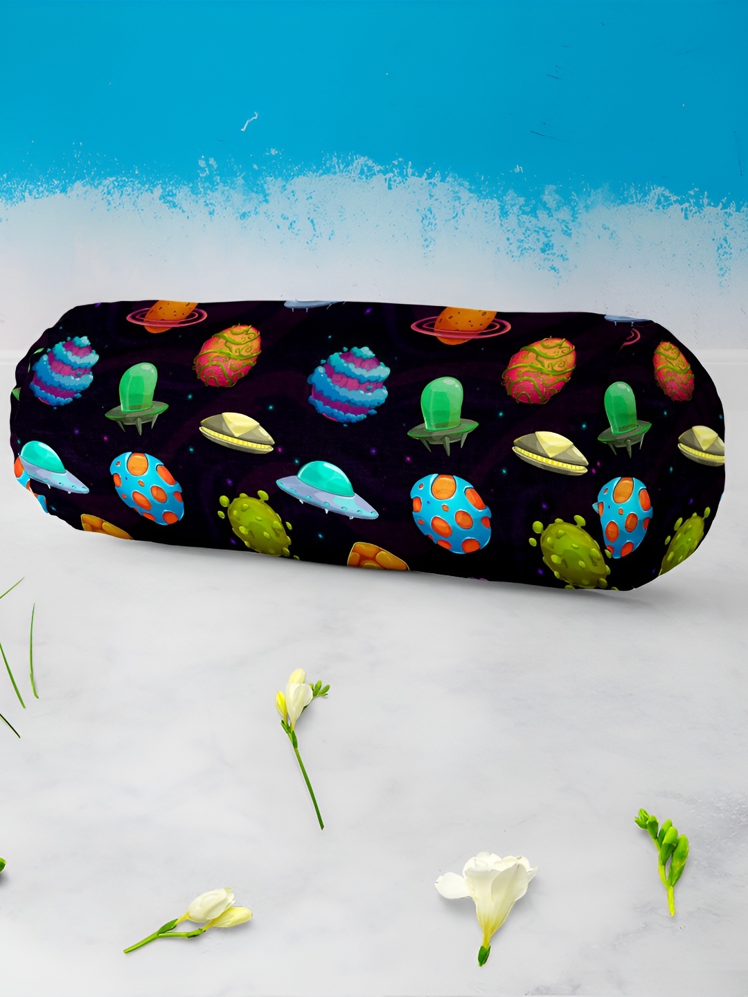 

ArtzFolio Black & Blue 2 Pieces Quirky Printed Velvet Bolster Covers