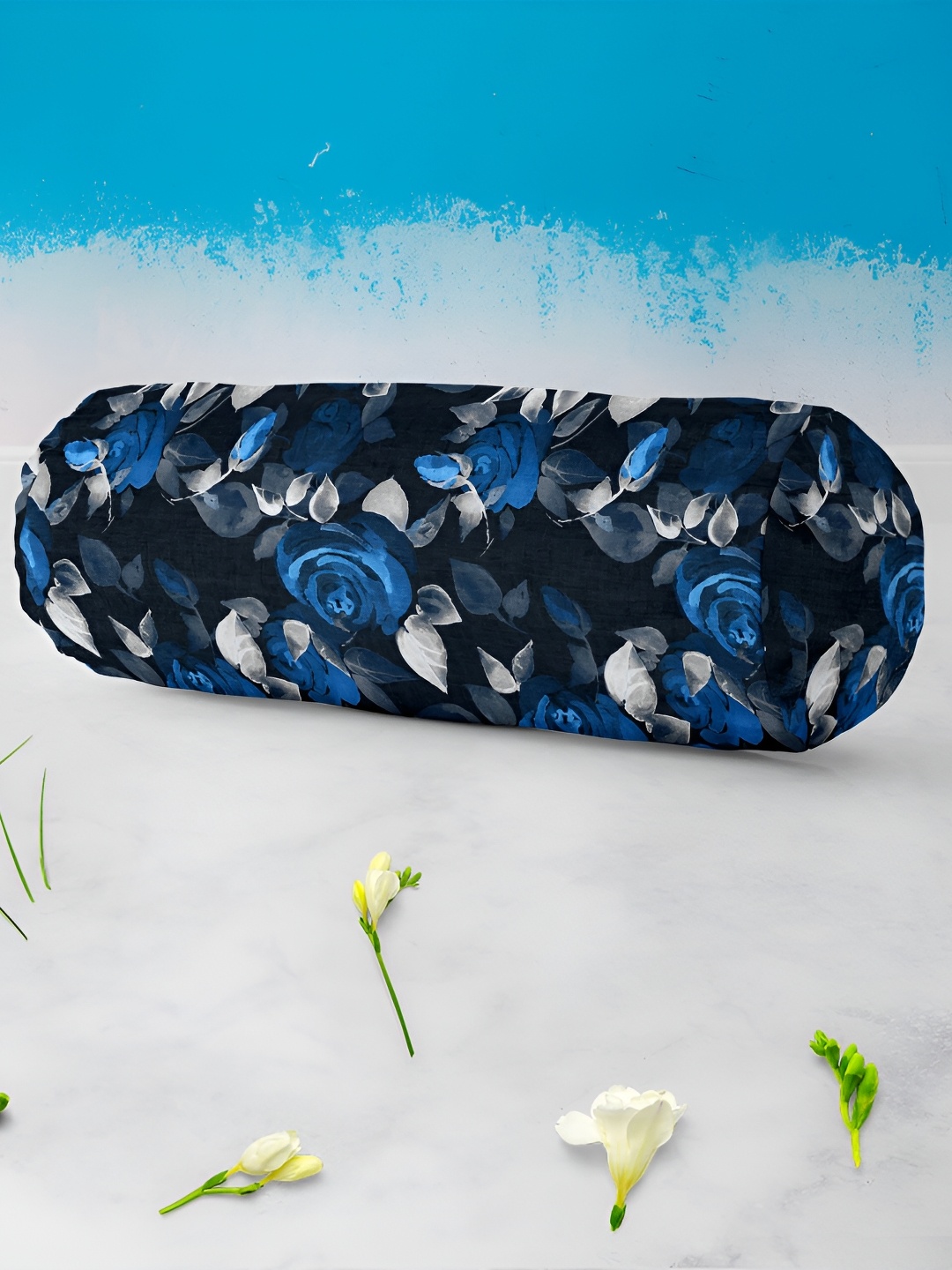 

ArtzFolio Blue & Grey 2 Pieces Floral Printed Cotton Canvas Bolster Covers