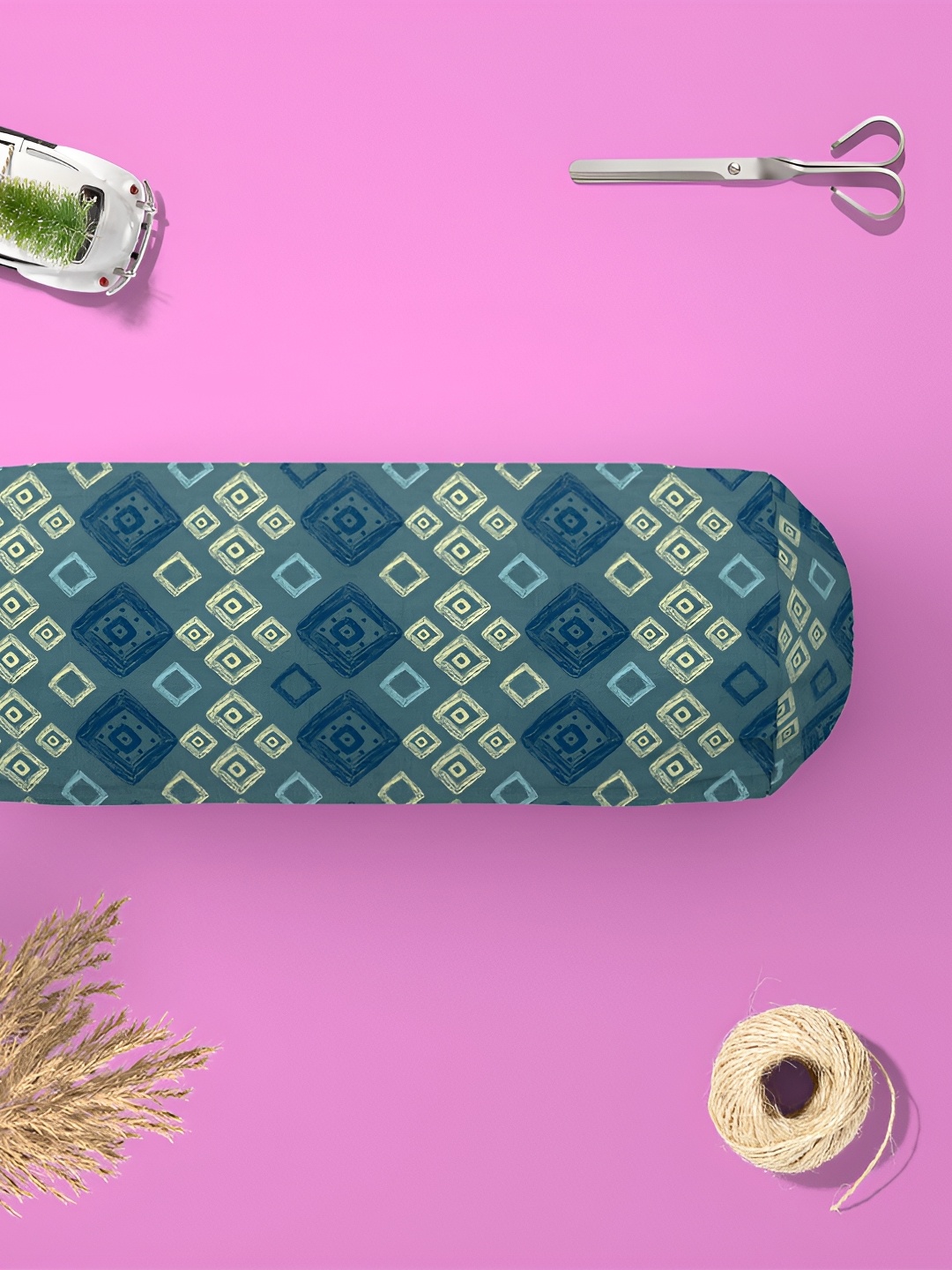 

ArtzFolio Blue & Beige 2 pieces Geometric Printed Velvet Bolster Covers