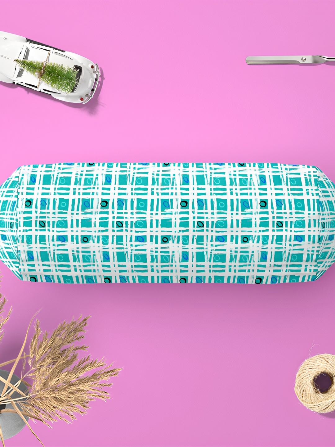 

ArtzFolio 2 Pieces Turquoise-Blue & White Checked Velvet Bolster Covers