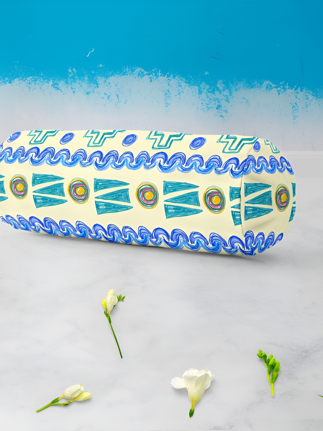 

ArtzFolio Blue & Green 2 Pieces Printed Cotton Bolster Covers With Concealed Zipper, Cream