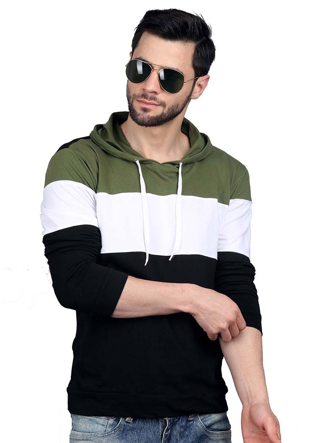 

BAESD Men Striped Hooded Pockets T-shirt, Olive