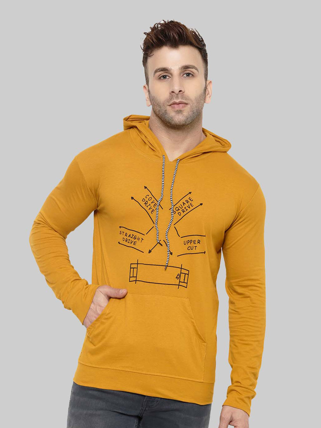 

BAESD Men Printed Hooded Applique T-shirt, Mustard
