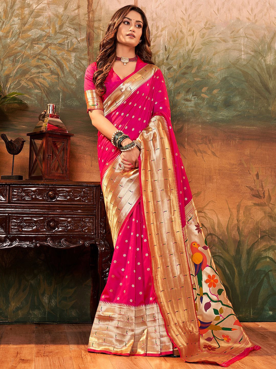 

Mitera Pink Ethnic Motifs Woven Design Zari Jacquard Paithani Saree