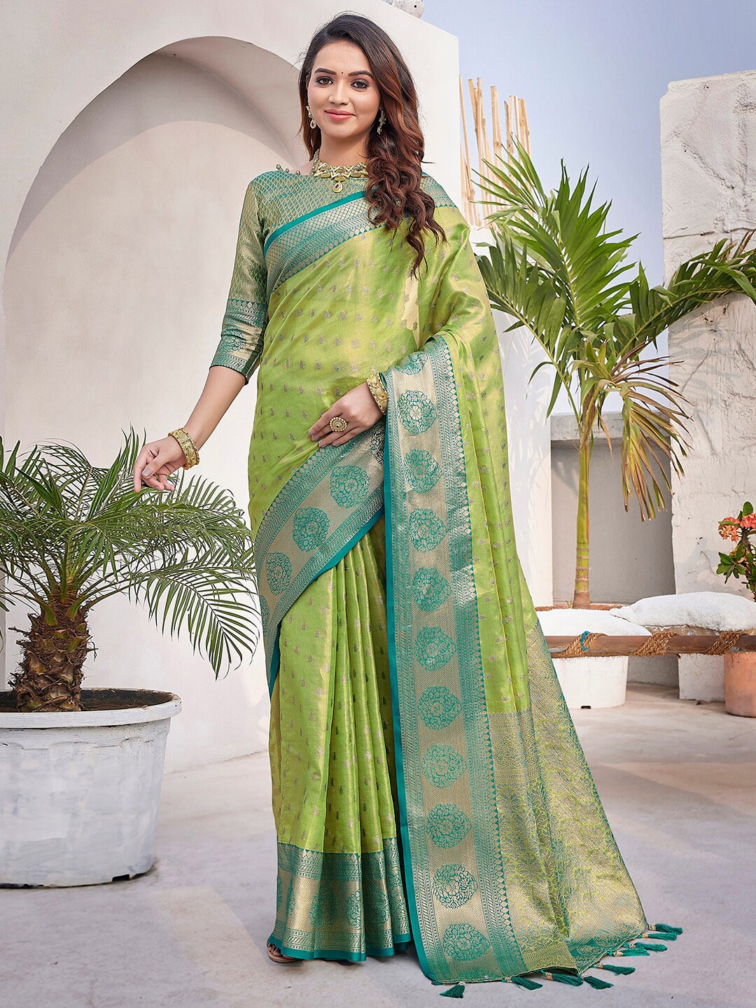 

Mitera Green Ethnic Motifs Woven Design Zari Dharmavaram Saree