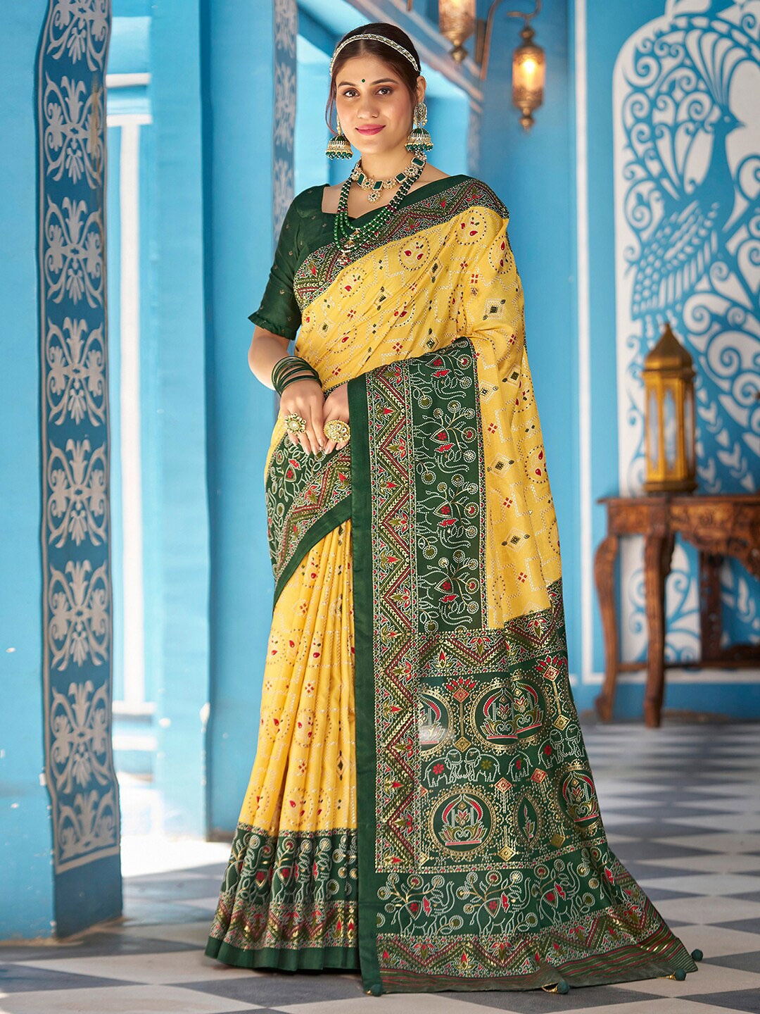 

Mitera Yellow Ethnic Motifs Foil Printed Zari Sambalpuri Saree