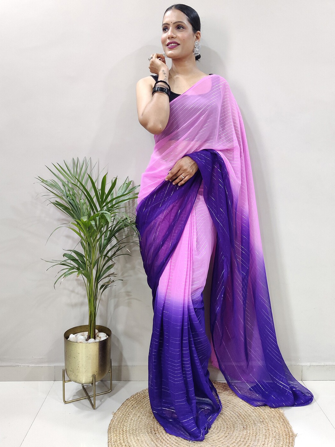 

Mitera Ombre Striped Ready to Wear Arani Saree, Pink