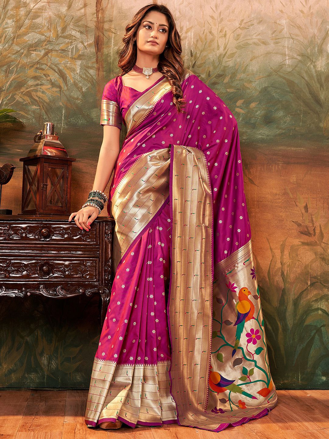 

Mitera Magenta Ethnic Motifs Woven Design Zari Paithani Jacquard Saree