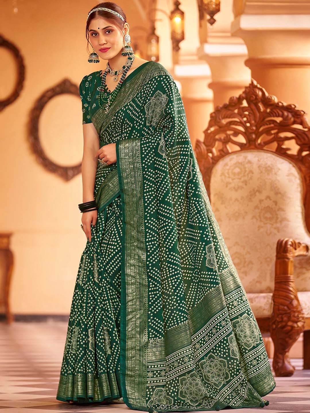 

Mitera Green Bandhani Printed Zari Art Silk Bandhani Saree