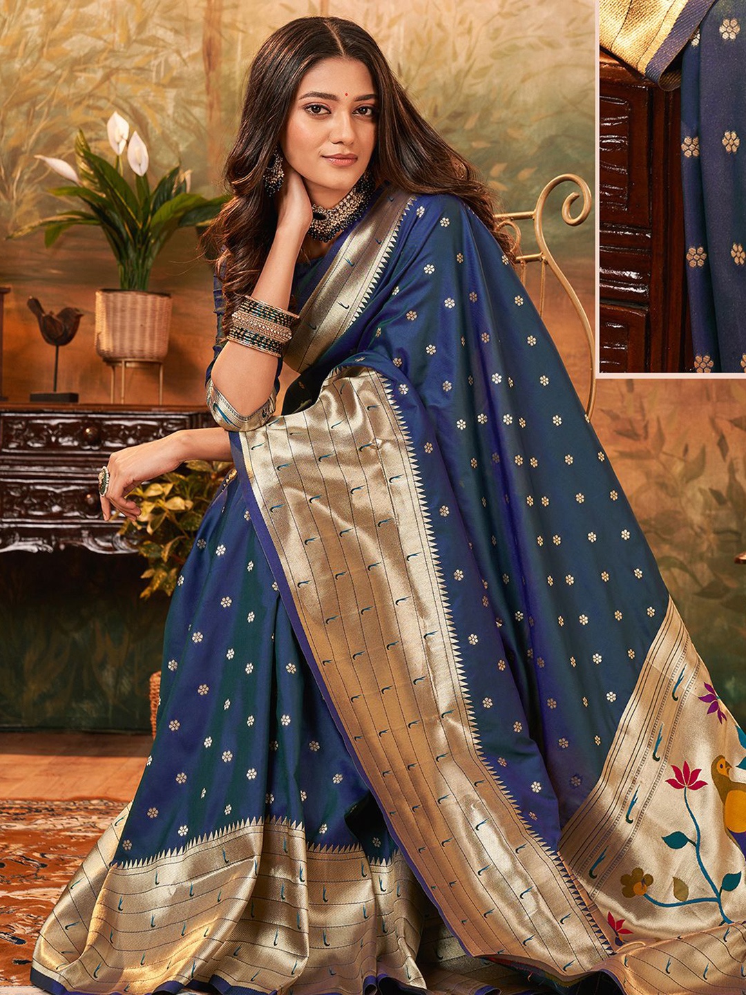 

Mitera Navy Blue Ethnic Motifs Woven Design Zari Paithani Saree