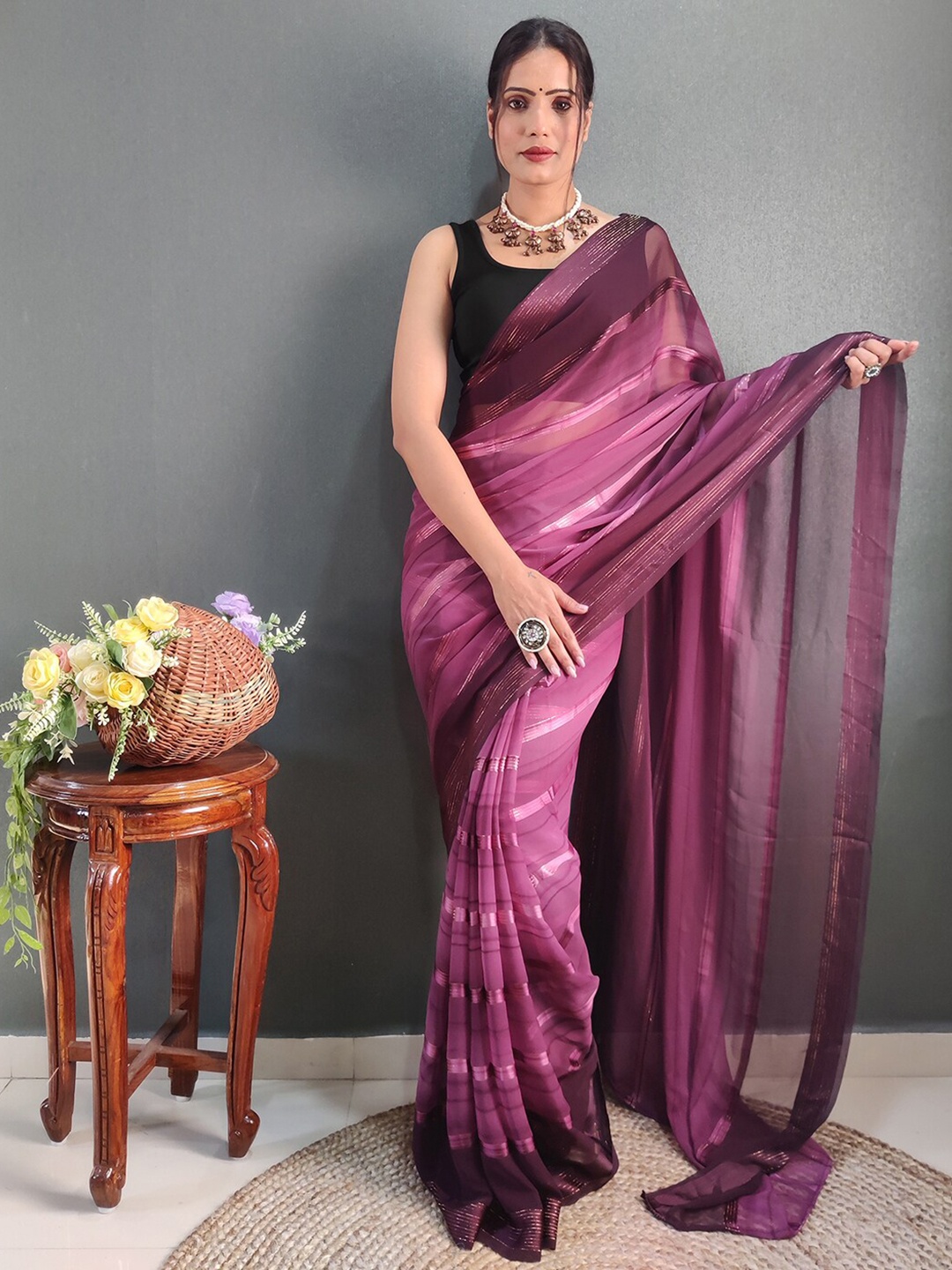 

Mitera Mauve Striped Zari Leheriya Ready To Wear Saree