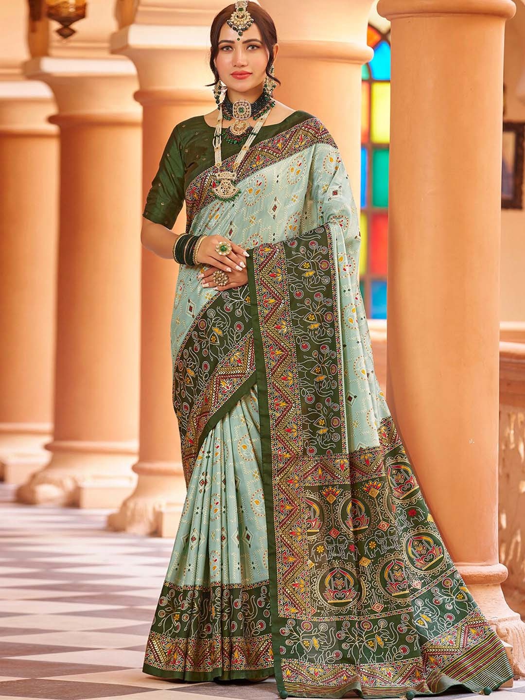 

Mitera Ethnic Motifs Printed Art Silk Sambalpuri Saree, Green