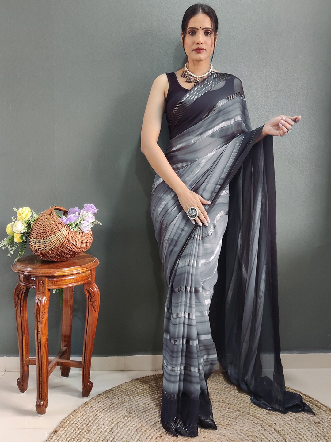 

Mitera Grey Striped Zari Leheriya Ready To Wear Saree