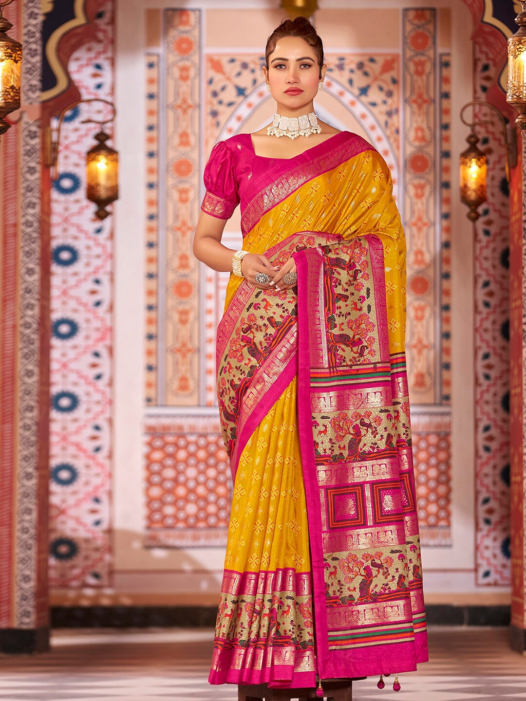 

Mitera Yellow Ethnic Motifs Woven Design Zari Art Silk Sambalpuri Saree
