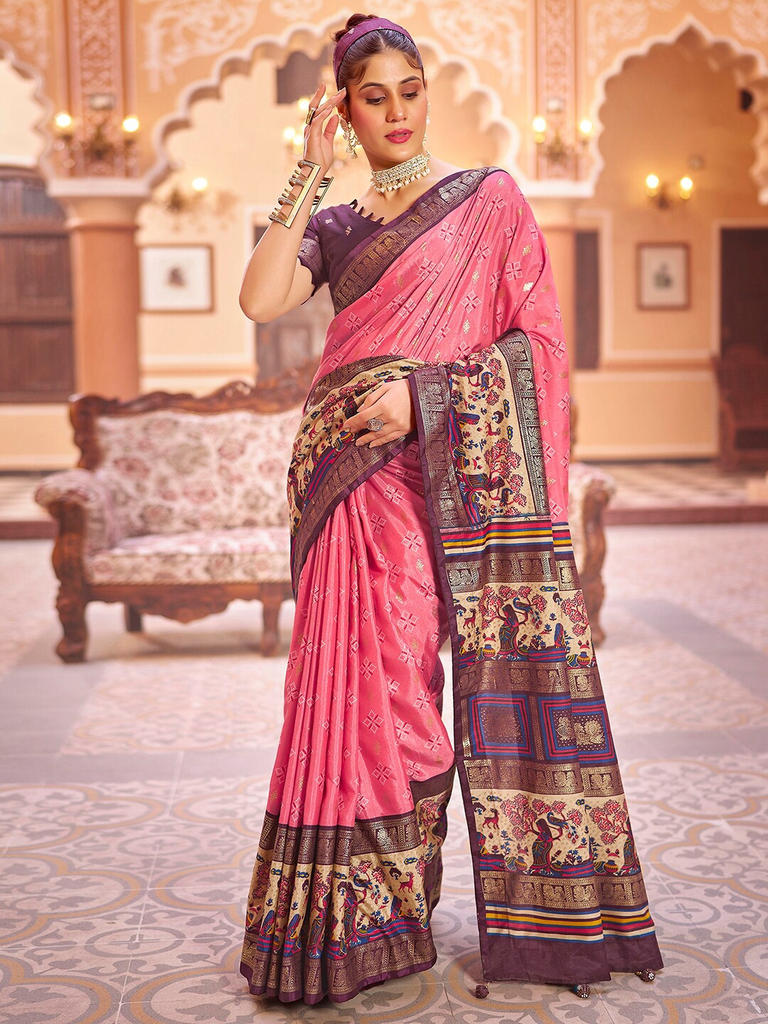 

Mitera Pink Ethnic Motifs Zari Art Silk Sambalpuri Saree