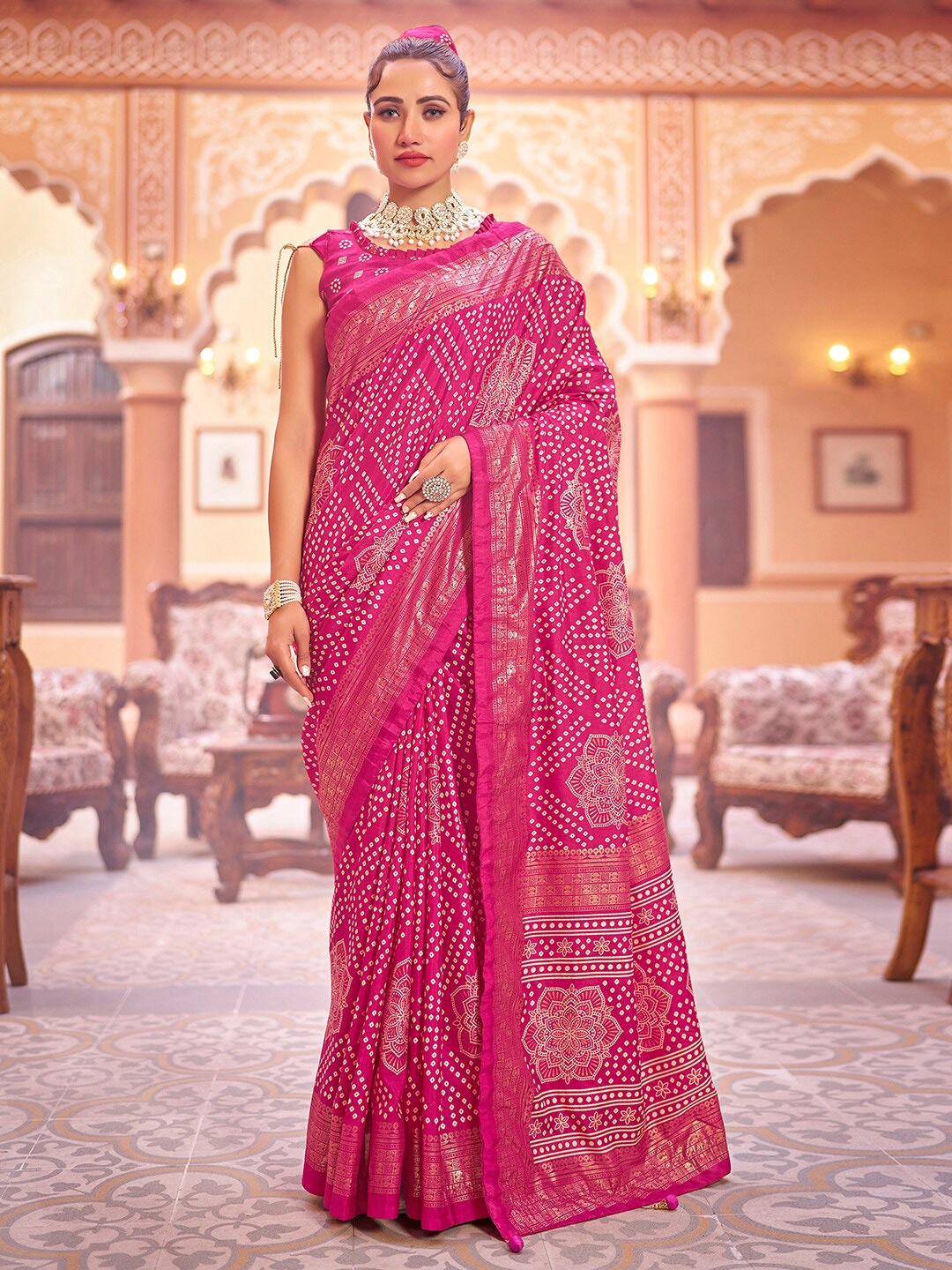 

Mitera Pink Bandhani Printed Zari Art Silk Bandhani Saree