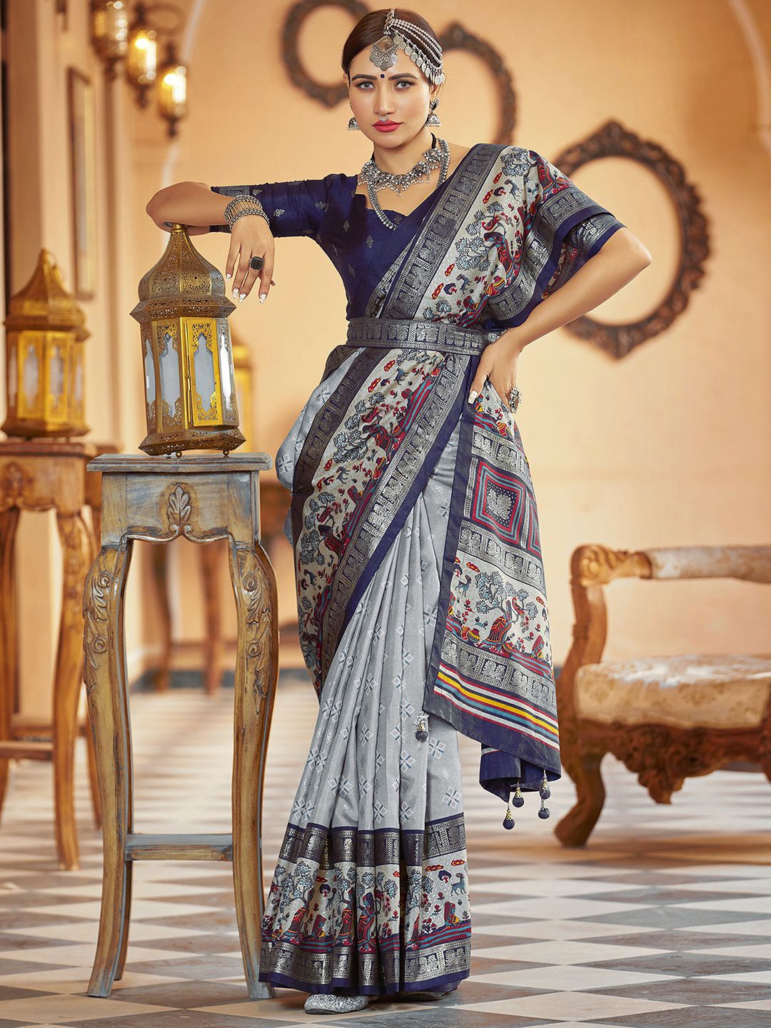 

Mitera Grey Ethnic Motifs Printed Art Silk Sambalpuri Saree