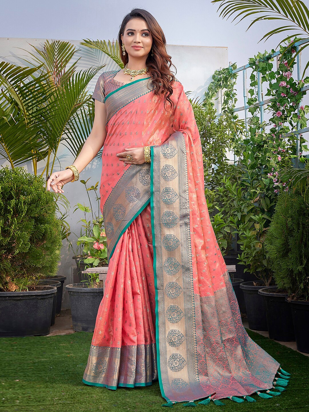 

Mitera Ethnic MotifsWoven Design Zari Art Silk Dharmavaram Saree, Pink