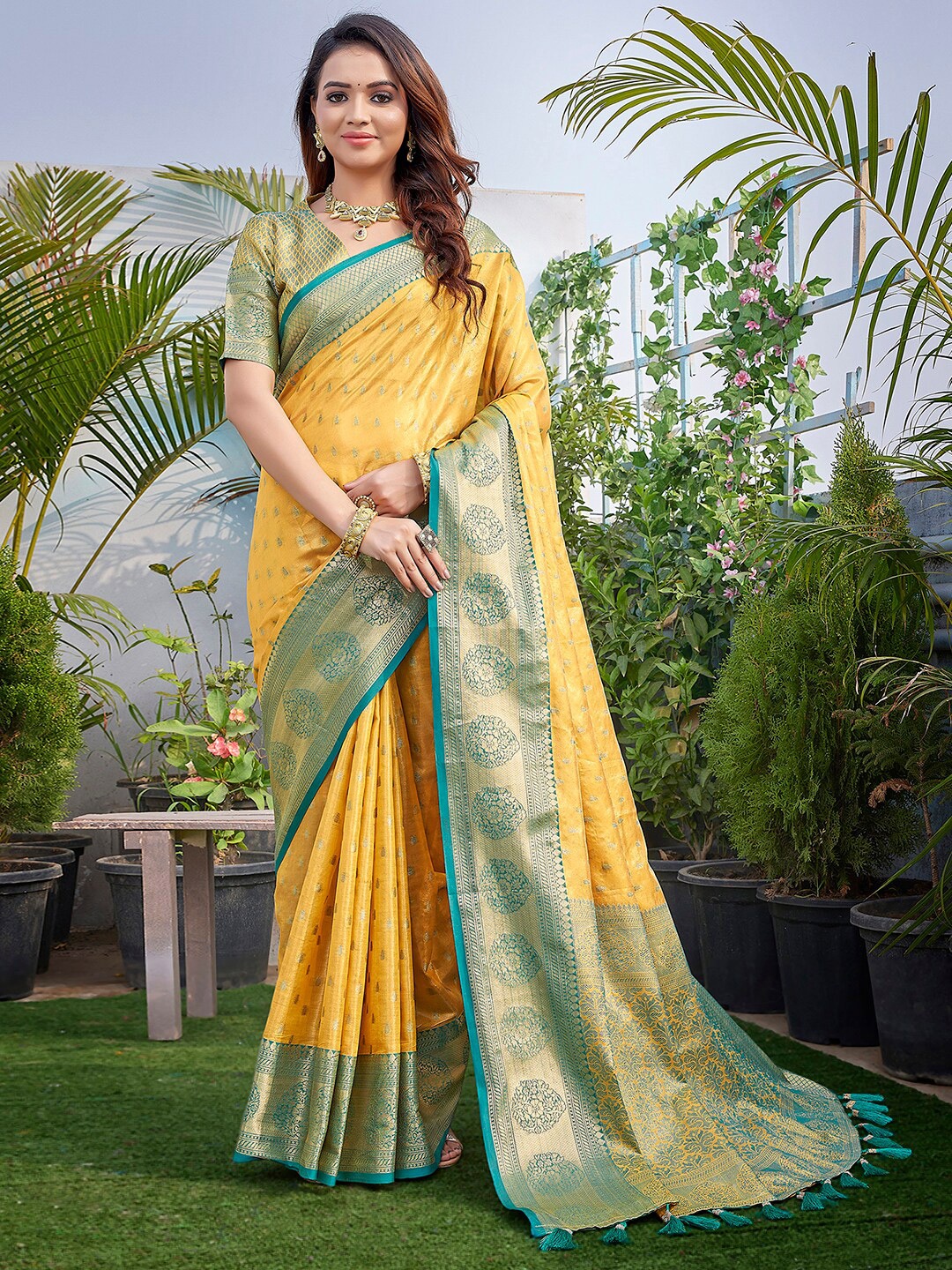 

Mitera Ethnic Motifs Woven Design Zari Dharmavaram Saree, Yellow