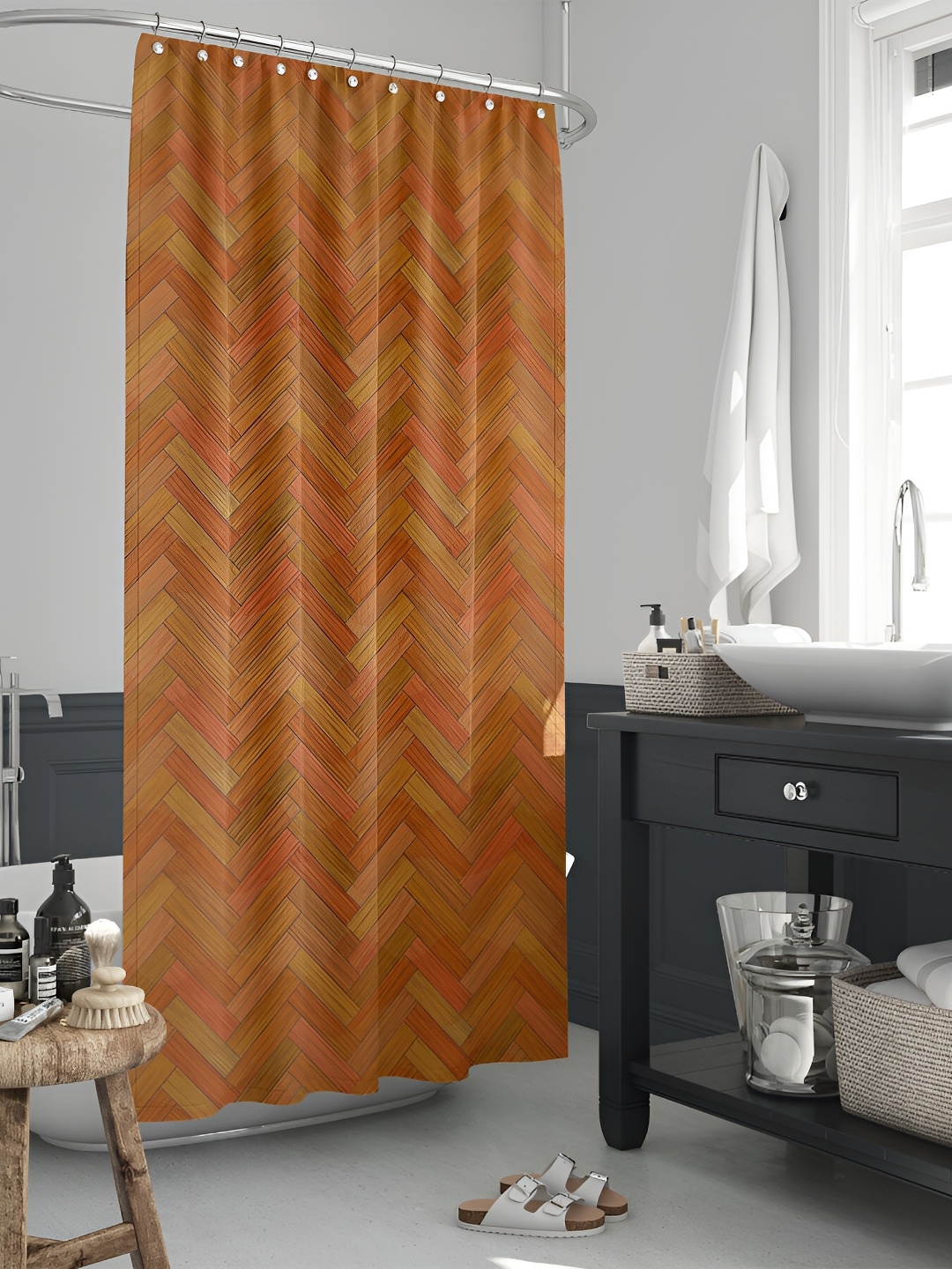 

ArtzFolio Rust-Brown & Olive-Green Printed Waterproof Shower Curtains