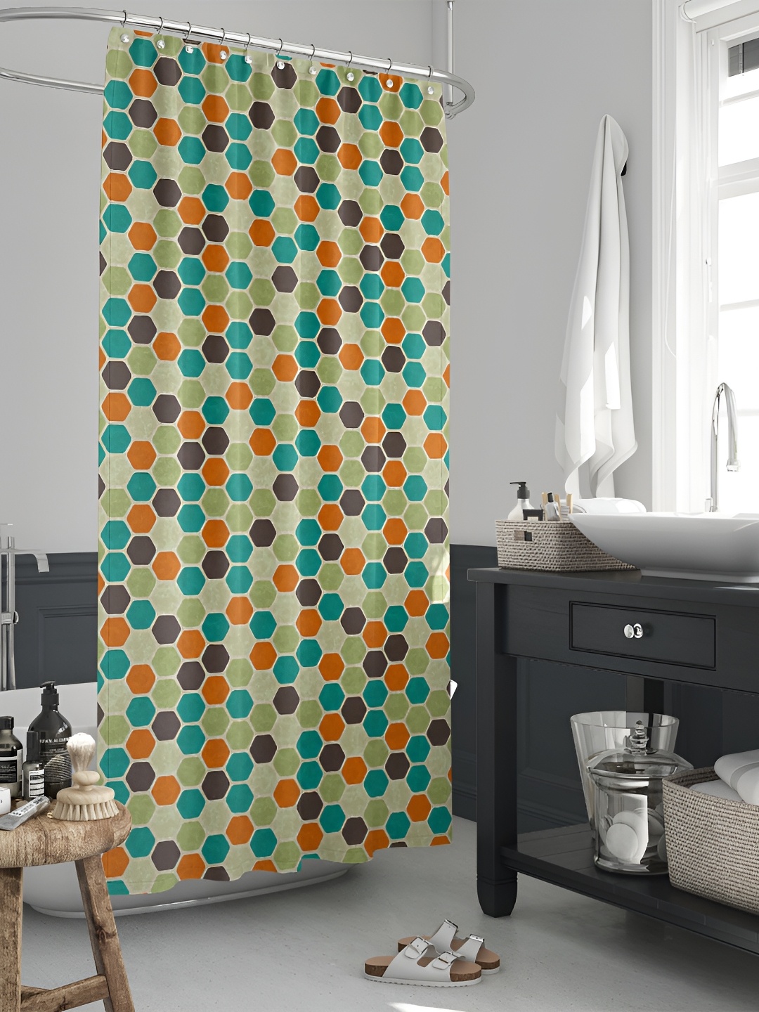 

ArtzFolio Green & Turquoise Blue Printed Waterproof Shower Curtain With Hooks
