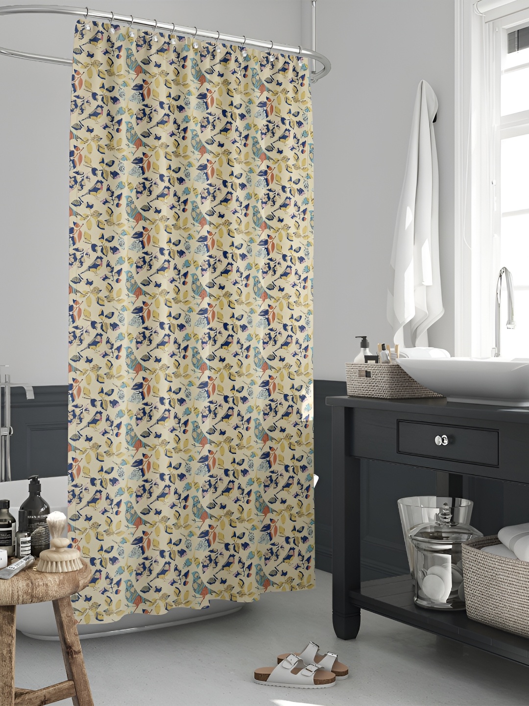 

ArtzFolio Beige & Blue Printed Waterproof Shower Curtains