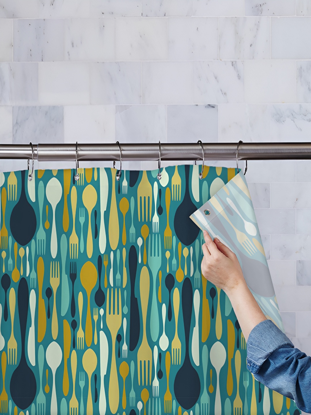 

ArtzFolio Teal-colored & Navy Blue Printed Waterproof Shower Curtain