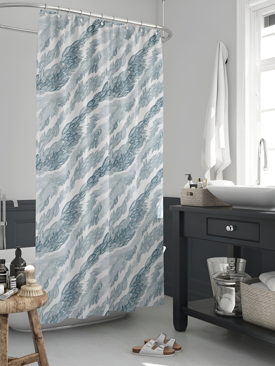 

ArtzFolio White & Blue Leaf Printed Waterproof Shower Curtains