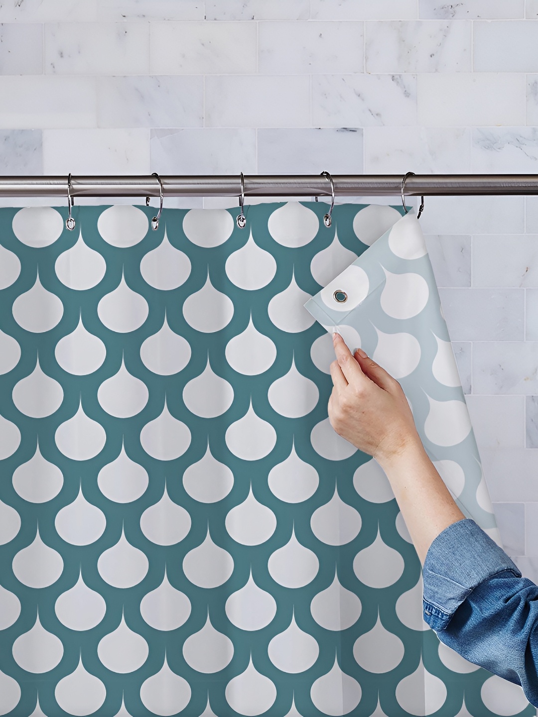 

ArtzFolio White & Teal Printed Waterproof Shower Curtains