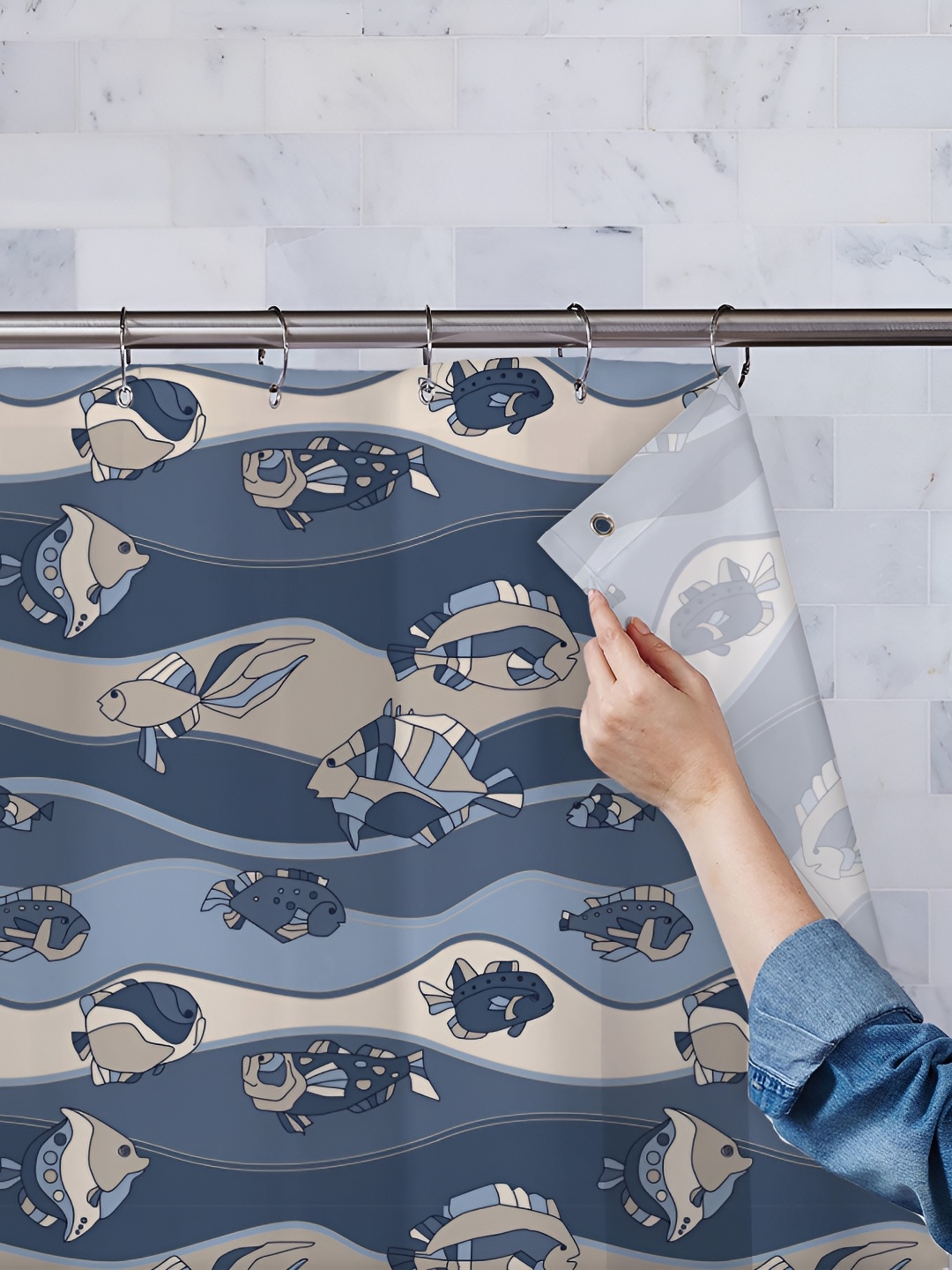 

ArtzFolio Navy Blue & Taupe Printed Waterproof Shower Curtains