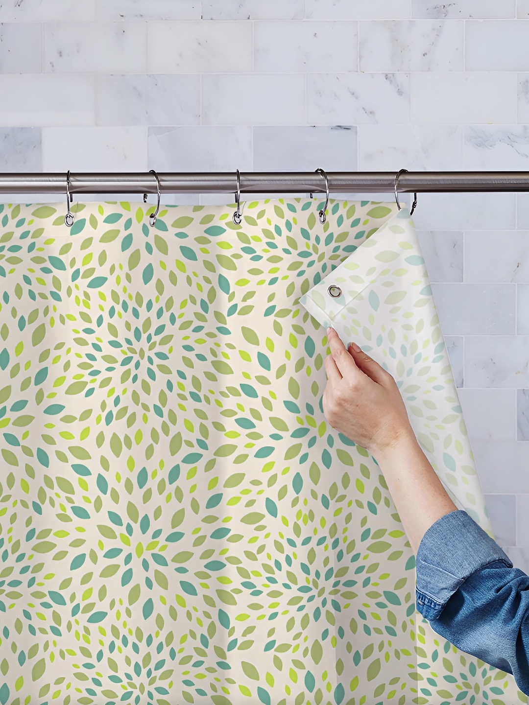 

ArtzFolio White & Olive-Green Printed Waterproof Shower Curtains