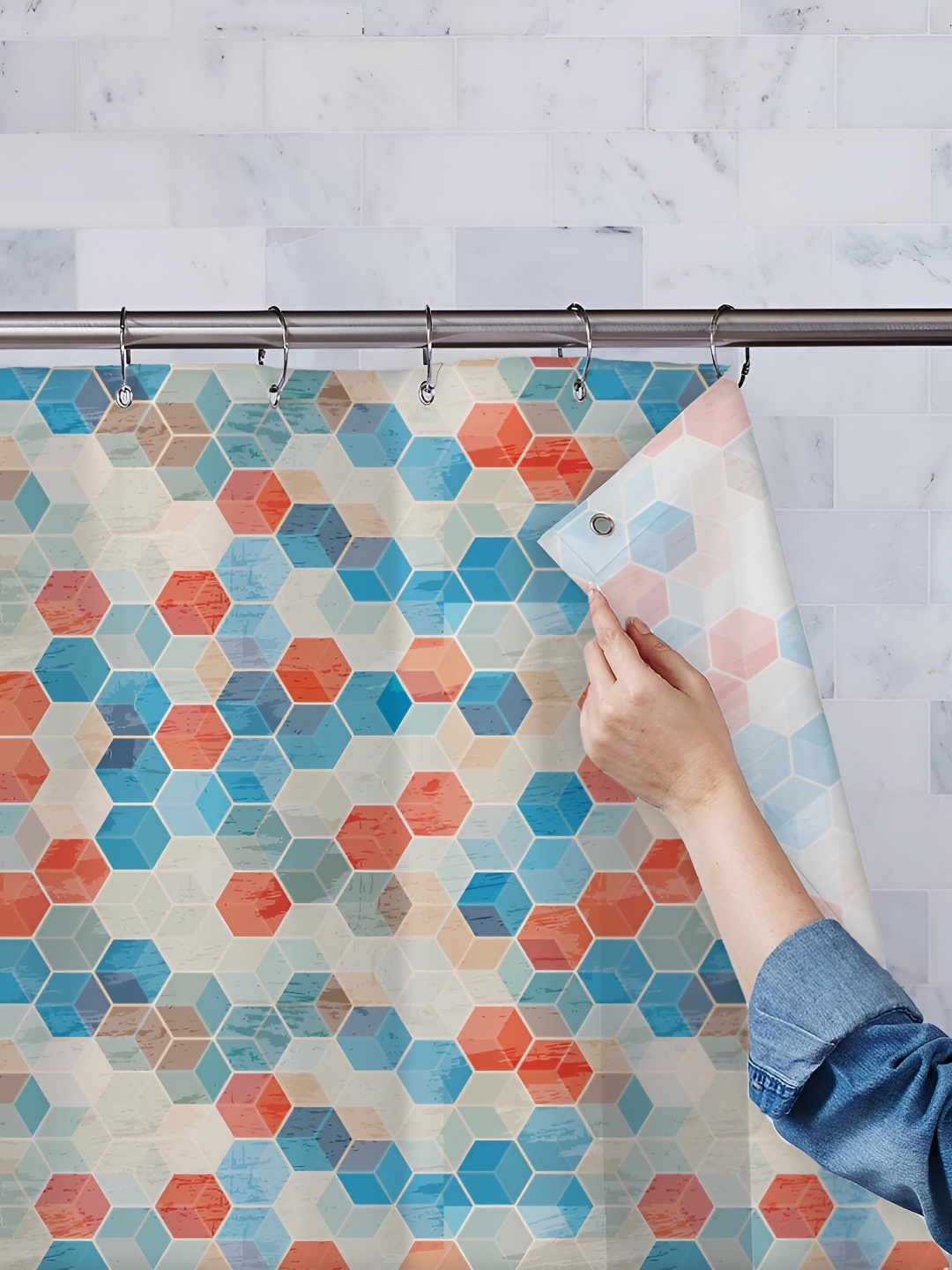 

ArtzFolio Blue & Off White Printed Waterproof Shower Curtains