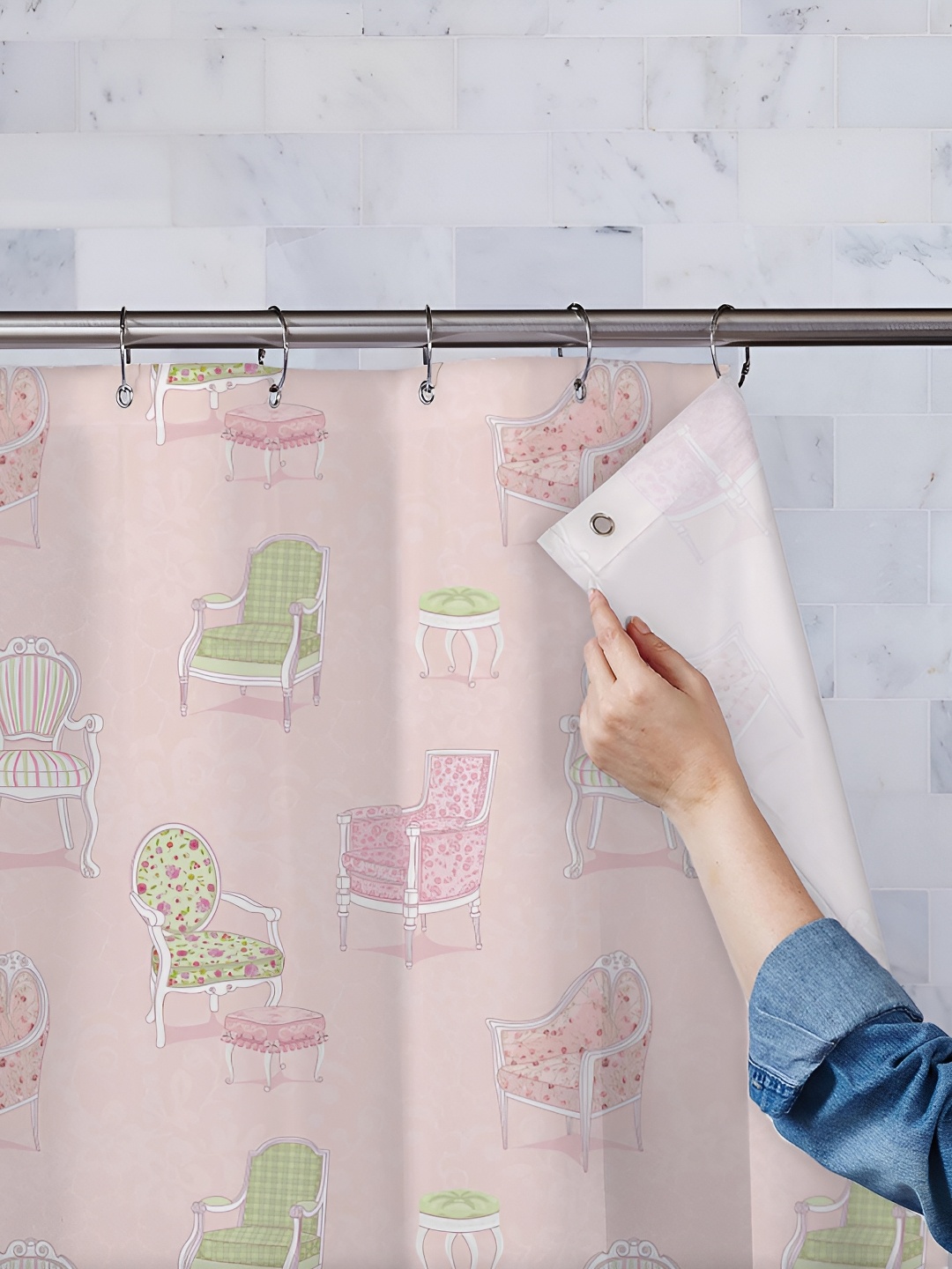 

ArtzFolio Pink-White & Olive-Green Printed Waterproof Shower Curtains