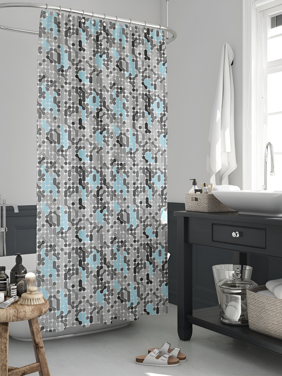 

ArtzFolio Grey & Turquoise Blue Printed Waterproof Shower Curtains