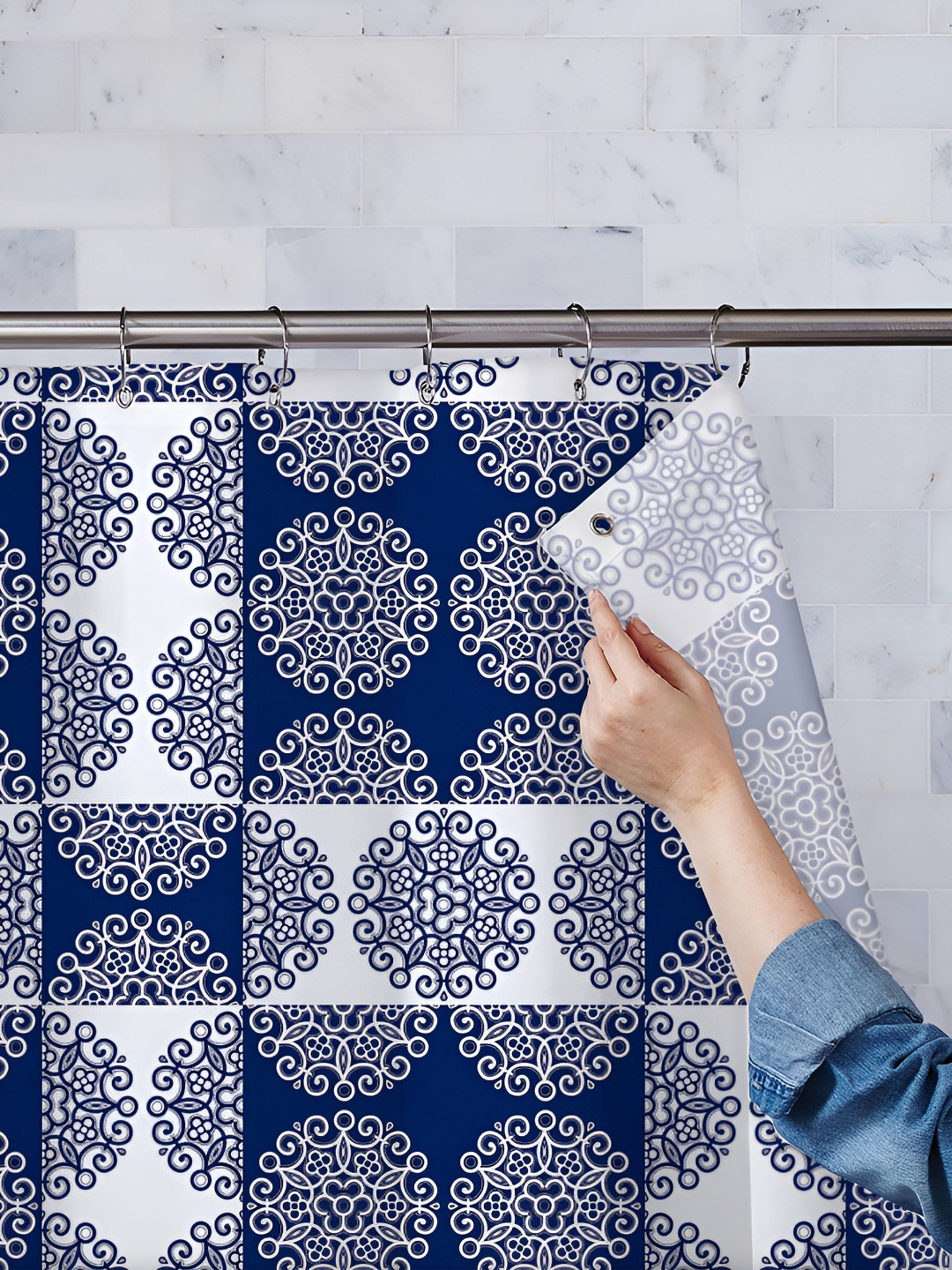 

ArtzFolio Blue-White & Grey Printed Waterproof Shower Curtains