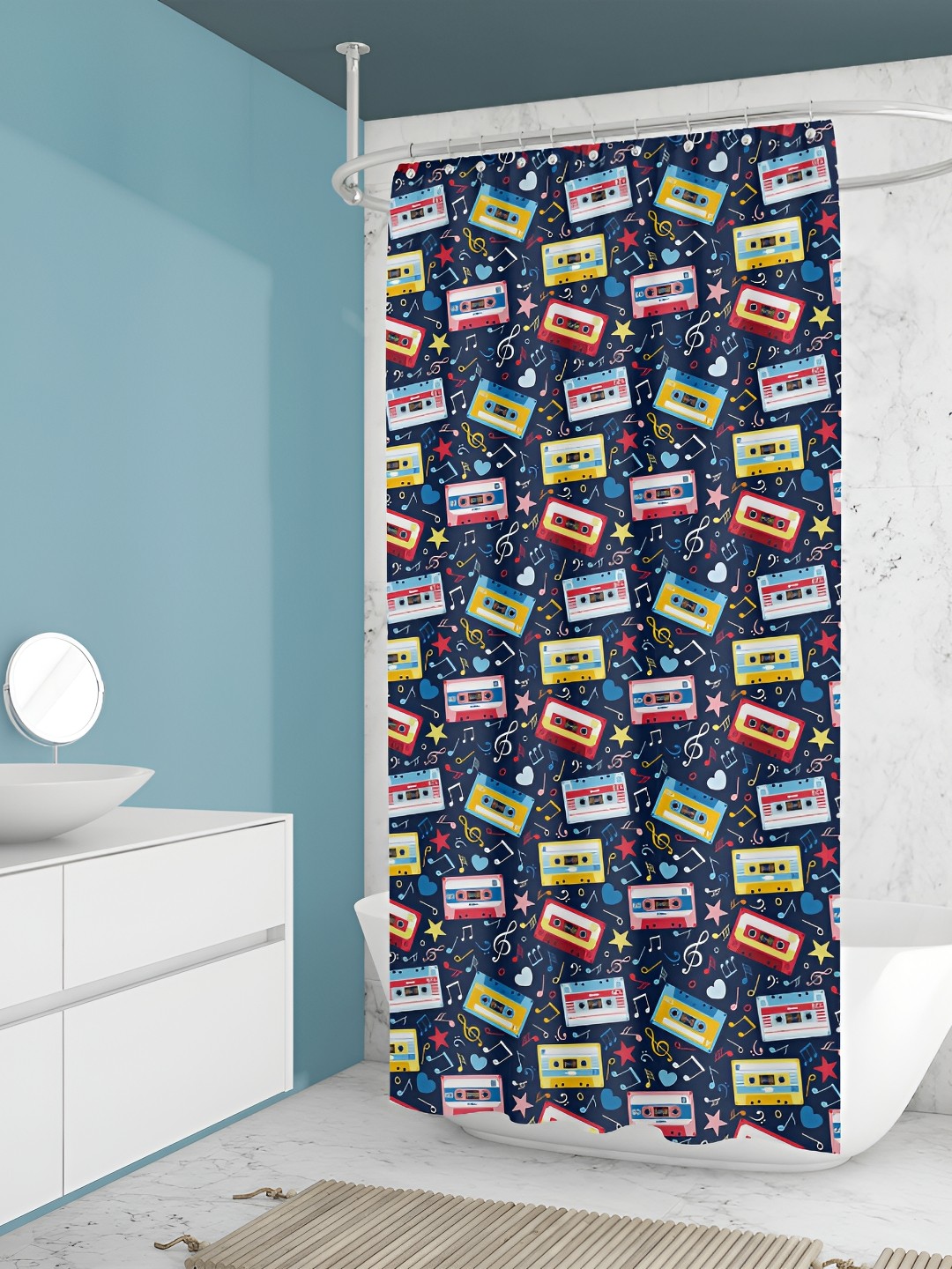 

ArtzFolio Navy-Blue & Pink Cassette Printed Waterproof Shower Curtain