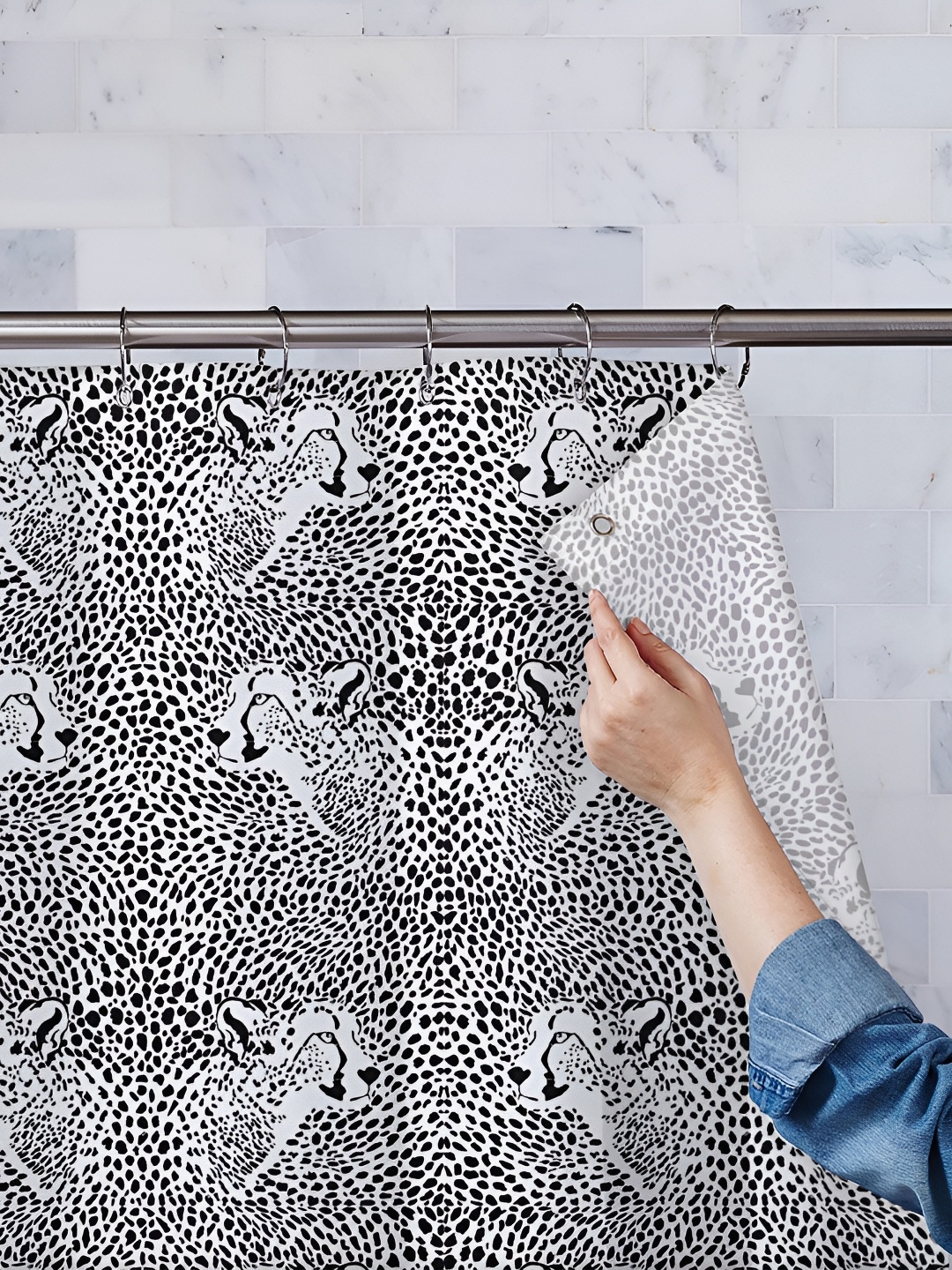 

ArtzFolio White & Grey Printed Waterproof Shower Curtains, Black